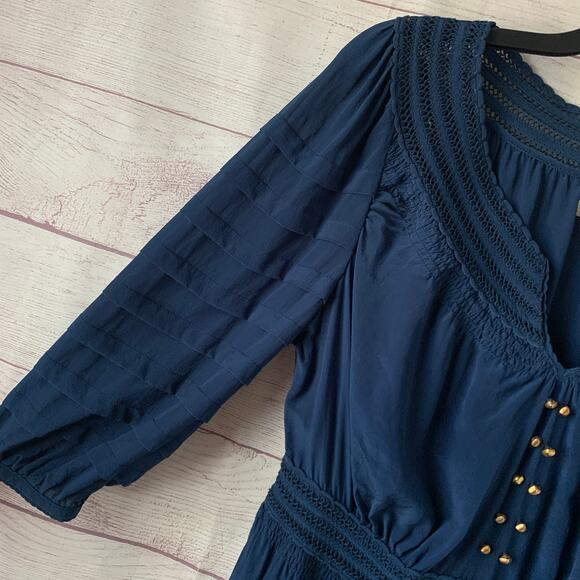 Leifsdottir Blue Dress Gold Beads Tiered Ruffle 3/4 Sleeve Twilight Alice Size 4 - Picture 5 of 16